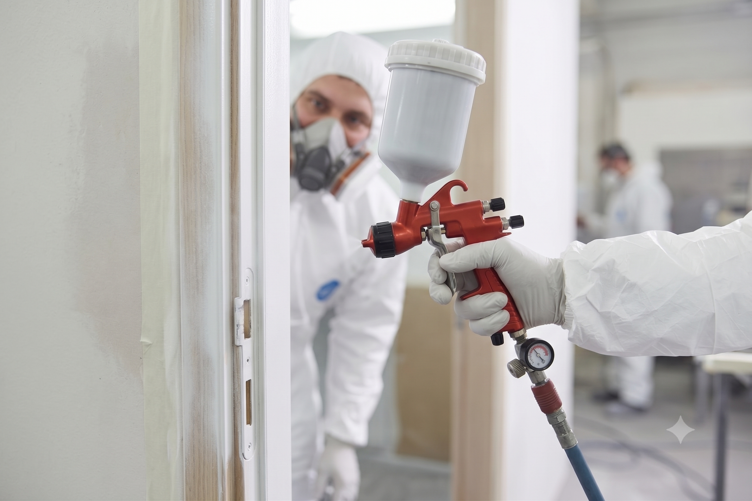 Ein Maler in Schutzkleidung führt mit einer Lackierpistole die Sprühlackierung eines Türrahmens durch