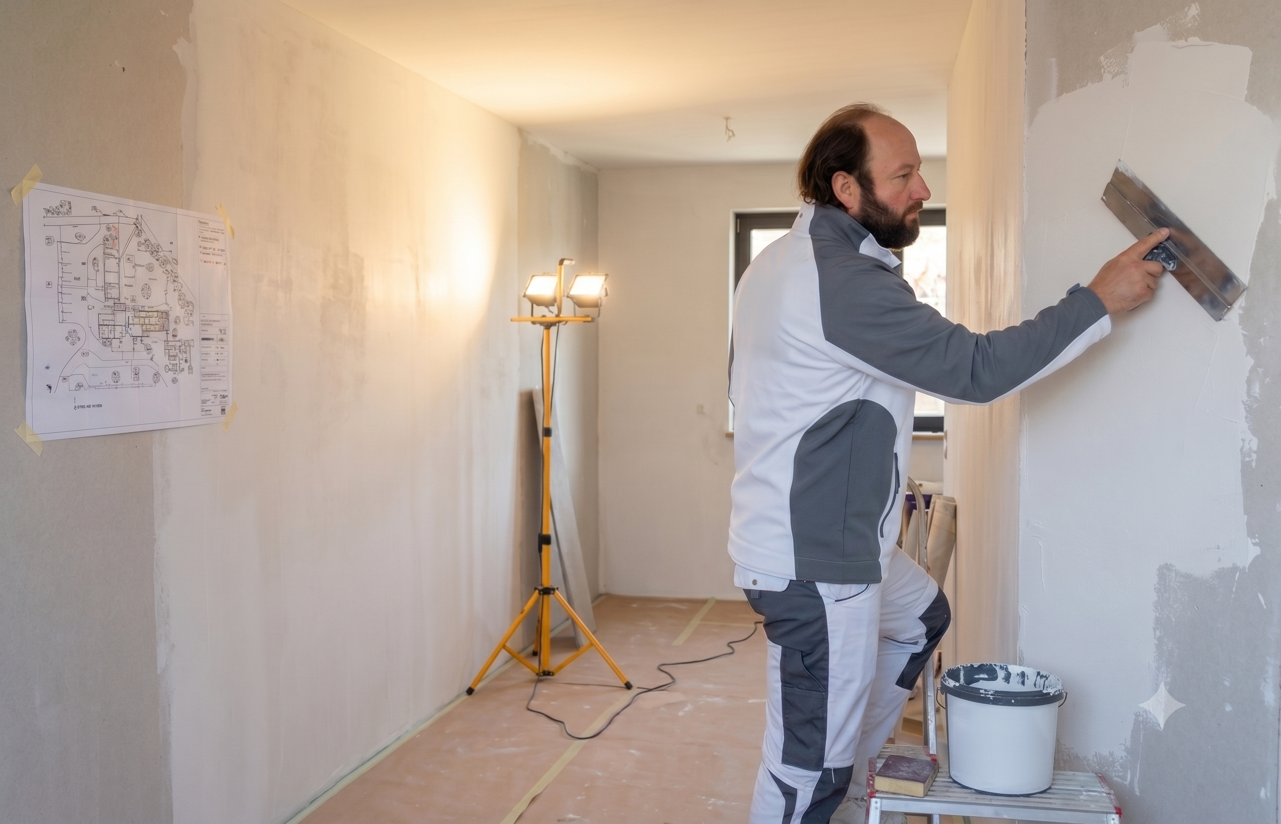 Bärtiger Handwerker in Arbeitskleidung glättet eine Wand mit Gips und Spachtel im unfertigen Zimmer