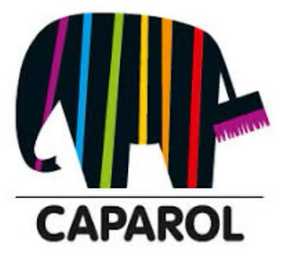 Caparol logo with a stylised colourfully striped elephant whose tail is a paintbrush, alongside the CAPAROL wordmark