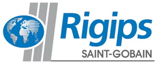 Blue Rigips logo with globe symbol and the Saint-Gobain wordmark below